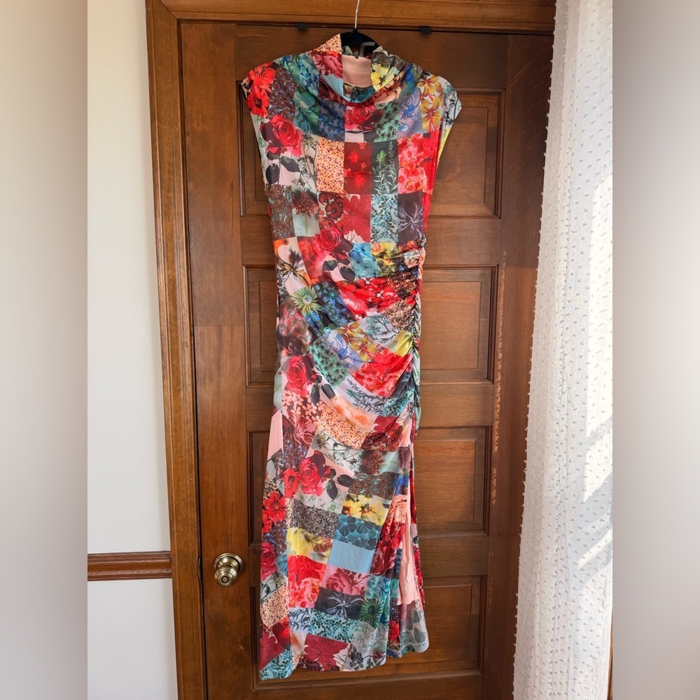 Anthropologie The Maya Ruched Cowl-Neck Mesh Dress in Red Pattern - Picture 4 of 8